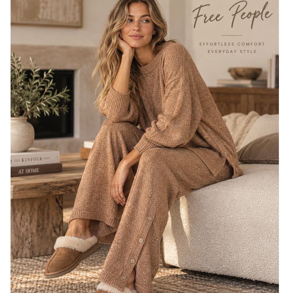 Free People free-est Button Up Sweater Set XS Chutney Sand Knit Pants NWT